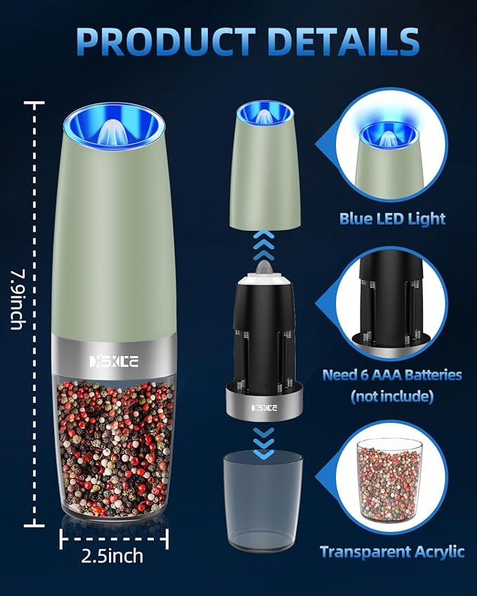 XinXu Gravity Automatic Electric Pepper and Salt Grinder, Auto Salt or Pepper Mill Shaker Stainless Steel,Blue LED Light,One Hand Operated, (Set/Light Green)