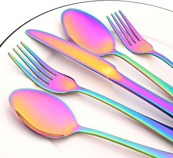 35-Piece Rainbow Flatware Set With Serving Set, 18/0 Stainless Steel Cutlery Set Service For 6, Mirror Polished, Dishwasher Safe