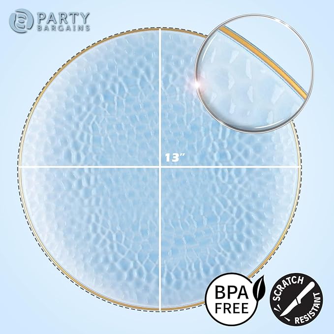 PARTY BARGAINS 13-Inch Charger Plates - 48 Pack, Hammered Blue Gold Rim, Heavy-Duty Disposable Chargers for Elegant Dining - Ideal for Weddings and Formal Events