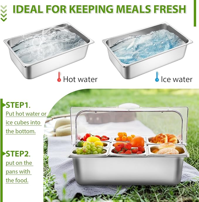Countertop Food Serving Display Container and Clear Roll Top Cover Stainless Steel Food Serving Tray Buffet Condiment Dispenser Display Rack for Restaurant Hotel Kitchen Party (8 Pan)