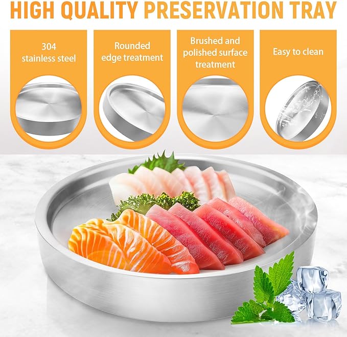 9.4" Stainless Steel Chilled Serving Trays for Parties Containers, Round Silver Ice Tray for Food Buffet Bowls Box Platter Server Cold Ice Vegetable Fruits Snacks Shrimp Cocktail Fridge (Silver)