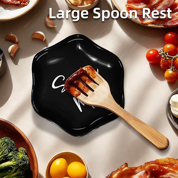 Funny Ceramic Spoon Rest for Kitchen Counter Stove Top, 5.8 Inch Heat-Resistant Utensil Holder for Cooking, Spoons, Ladles, Tongs, Cute Kitchen Decor, Housewarming Gift for Women Men (Black)