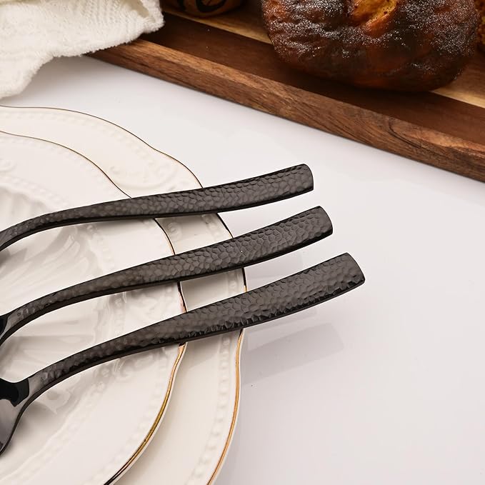 6 PCS Hammered Serving Utensils, Uniturcky Stainless Steel Serving Spoons Set, Square and Thick Hostess Serving Set, Includes 2 Serving Spoon 2 Serving Fork and 2 Slotted Spoon, Mirror Black