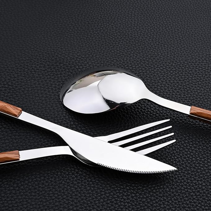 30pcs Wood Handle Flatware Set, Stainless Steel Cutlery Set Include Knife/Fork/Spoons, Mirror Polish, Service for 6 (Brown Silver)