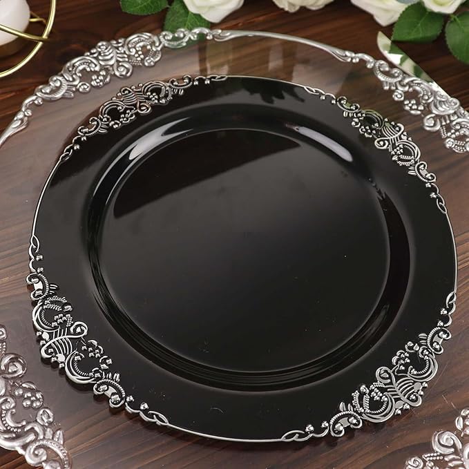 10" Dinner Plates -Set of 30 - Plastic Black Silver Round Baroque Disposable Chargers Leaf Embossed Rim, Ideal for Dinner Party Wedding Bulk Events