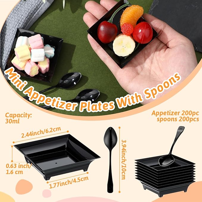 400 Pcs Mini Appetizer Plates with Spoons 2.44" x 2.44" Disposable Mini Dessert Plates Plastic Appetizer Bowls Tiny Serving Trays for Party Birthday, Wedding