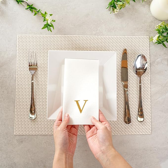 Luxenap 15.8 X 7.9 Inch Linen-Feel Guest Towels, 2000 Lettered Hand Towels - Gold Letter 'V', Sans Serif Font, White Paper Dinner Napkins, airlaid, For Restrooms And Tables
