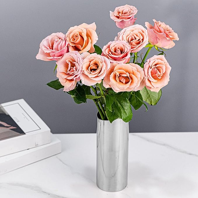 Small vases, mini Tulip vase Set, Silver Stainless Steel Slanted Rim Modern vases, Suitable for Tulips, Pampas Grass, Orchids, Roses