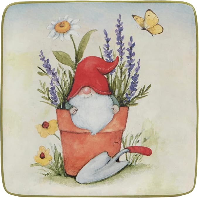 Certified International Garden Gnomes 6" Canape/Luncheon/Appetiser Plates, Assorted Designs, Small, Multicolor, Set of 4
