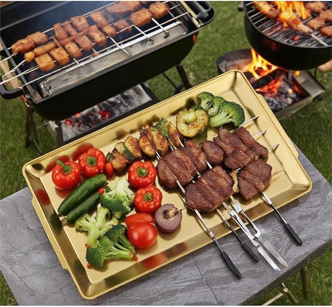 16.3" x 11" Large Serving Platters Set of 2, Stainless Steel Heavy-Duty Large Serving Trays, Gold Rectangular Plates for Food, Fruit, Party, Wedding, Christmas, Chip and Scratch Resistant