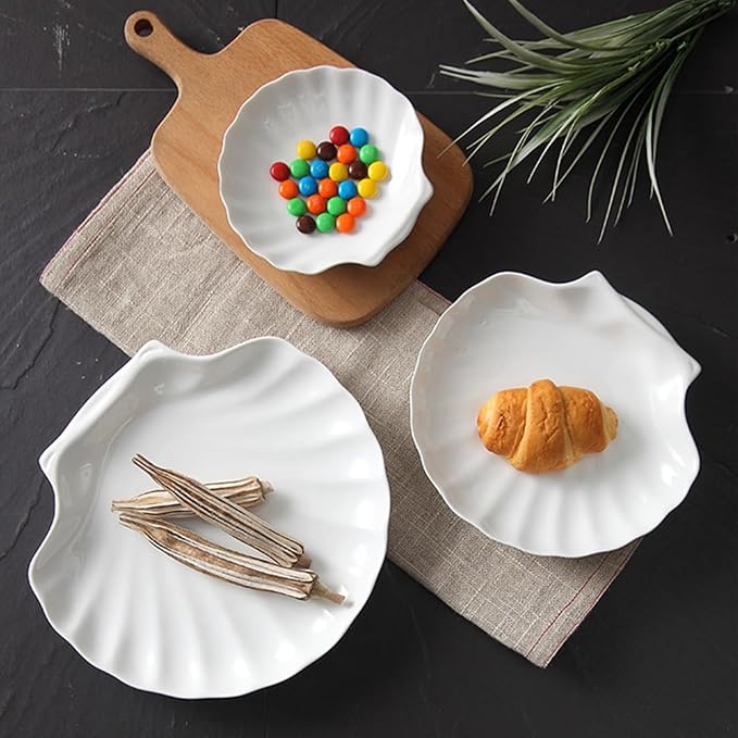 Cabilock 2pcs Ceramic Shell Appetizer Plates, 6 Inch White Scallop Shaped Small Serving Plates for Desserts Salad Snacks Sushi Fruit, Elegant Serving Dish Tableware for Home Use