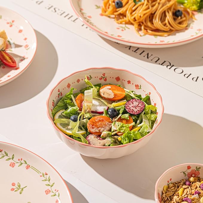 16 Pieces Gourmet Porcelain Dinnerware Sets, Premium Plates and Bowls Set, High-Fired Ceramic Dishes Set for 4, Microwave Dishwasher Safe, Pink Peach Blossom Pattern.