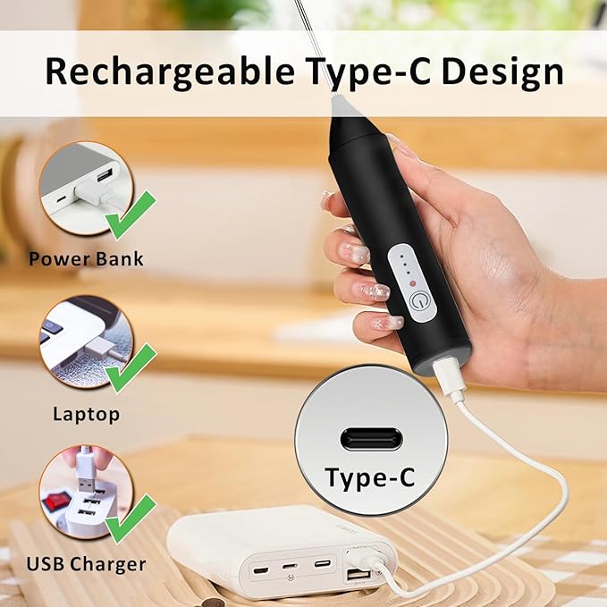 Rechargeable Milk Frother, Handheld Drink Mixer Electric Foam Maker for Coffee with Stainless Steel Whisk ＆ 3 Speeds, USB-C Coffee Frother Wand for Cappuccino, Latte, Matcha, Protein Powder (Black)