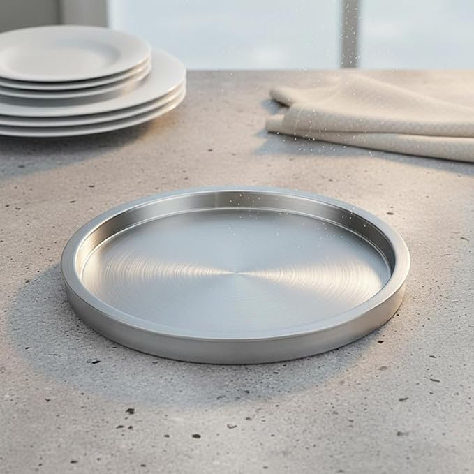 Korean BBQ Serving Tray Double Layer Stainless Steel Round Plate Thickened Design Stainless Steel Serving Tray for Restaurants, Chefs, Hot Pot, Silver, 32CM
