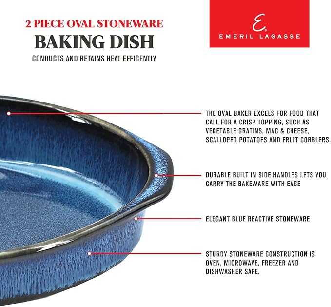 Emeril Lagasse 2-Piece Oval Stoneware Baking Dish Set - Versatile 1 & 2 Qt, for Baking, Perfect Casseroles, Roasts, Cake, Lasagna Pan, Microwave, Oven, Dishwasher, and Freezer Safe, S-803-2S-AZ