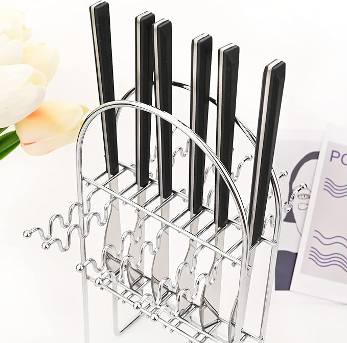 Silverware Set, 24 Piece Mirror Flatware Set With Stand, Stainless Steel Utensils With Black Handle, A Complete Cutlery Set For Most Families, Service For 6