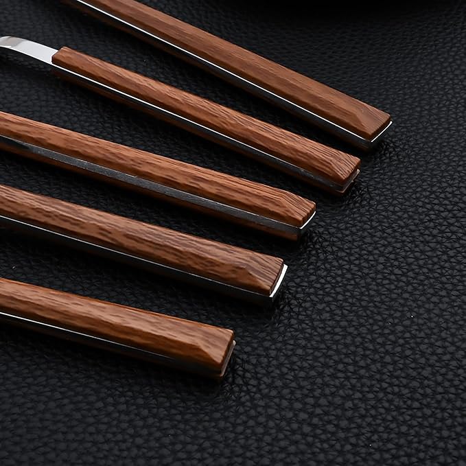 30pcs Wood Handle Flatware Set, Stainless Steel Cutlery Set Include Knife/Fork/Spoons, Mirror Polish, Service for 6 (Brown Silver)