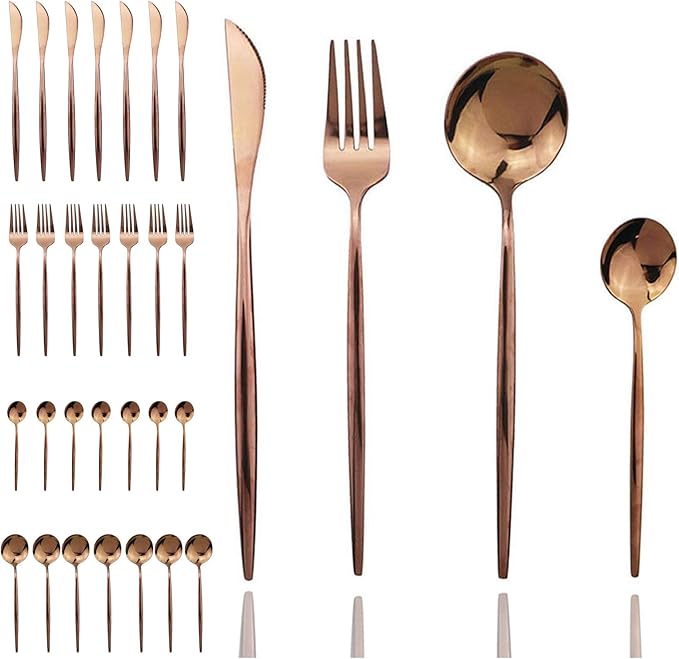 JASHII 32 Pieces Stainless Steel Rose Cutlery Set Home Kitchen Silverware Set, Mirror Polished, Knife/Fork/Spoon, Modern Elegant Silverware Set for Party, Christmas