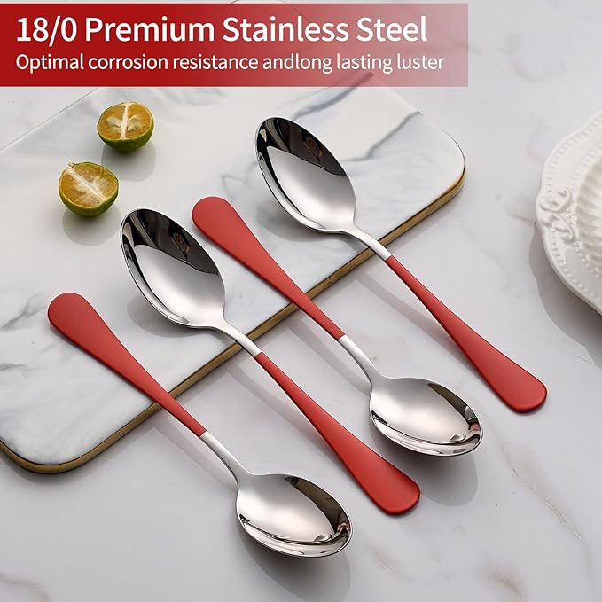 Red Dinne spoons Set 12 Piece,Red Handle Silverware 18/0 Stainless Steel Flatware Bulk,7.3-inch Dessert Spoons Sets Table Set of 12,Mirror Finished Dishwasher Safe