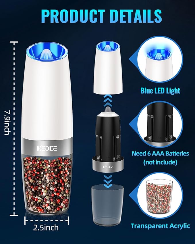 XinXu Gravity Electric Pepper and Salt Grinder Set, Adjustable Coarseness, with LED Light, One Hand Automatic Operation (Set/Snow White X)