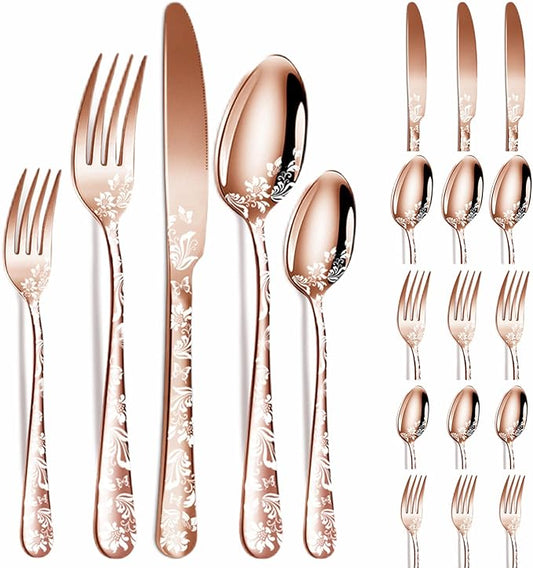 vilihkc 20 piece Unique Pattern Design Silverware Set, Stainless Steel Flatware Set Service for 4, Rose gold Cutlery Set, Mirror Polished Utensil Set for Kitchen, Dishwasher Safe