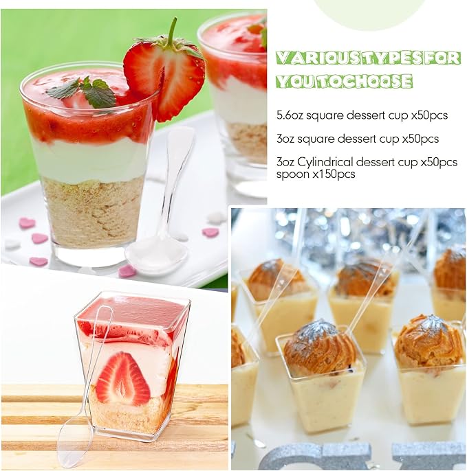 Zhehao 300 Packs 3 oz 5.6 oz Mini Dessert Cups with Spoons Plastic Parfait Appetizer Shooter Yogurt Cups Disposable Clear Square Dessert Serving Containers(Simple Style,Clear)