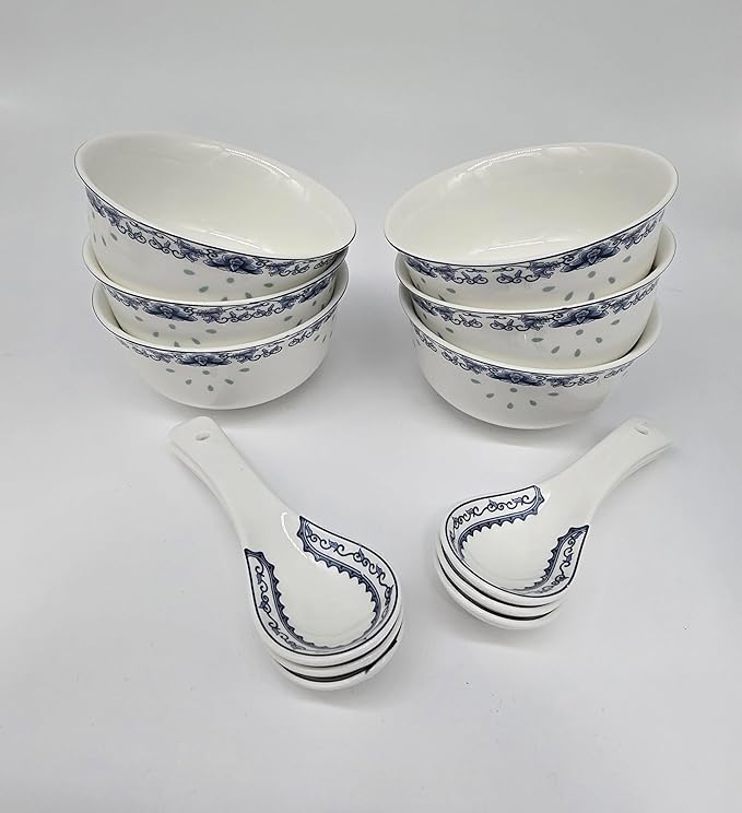 28-piece Bone China Blue and White Dinnerware Set Service for 6 Rice Bowl Set Jingdezhen, (blue lotus)