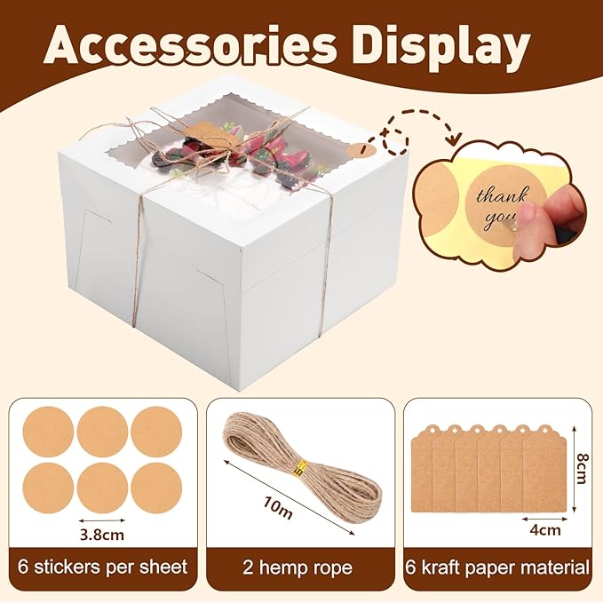 NEOACT 6 Pack Cake Boxes with Cake Boards,12x12x8 Inch White Bakery Boxes with Windown,Disposable Cakes Transport Container, Tall Cake Carrier Holder for Cakes, Pie, Cupcakes, Pastry