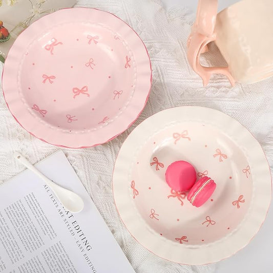 JarThenaAMCS 2Pcs Pink Bow Ceramic Dish White Pink Bow Tie Dinner Plates Cute Coquette Salad Appetizer Plates for Holding Necklaces Earrings Bracelets Decorative Plate Home Restaurant Table Decor