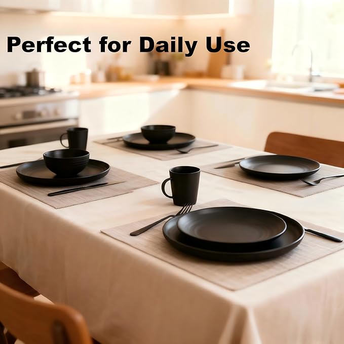 16 PCS Wheat Straw Dinnerware Set, Unbreakable Plates Bowls Cups for 4, Lightweight Microwave & Dishwasher Safe Tableware, Reusable Kitchen Set for Camping, Picnic, RV, Family Use (Black)
