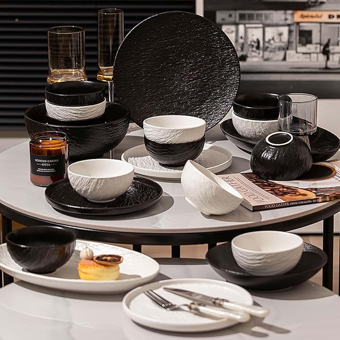 Elegant Black and White Minimalist Matte Ceramic Dinnerware Set, Includes Plates, Bowls, Perfect for Home Dining, Modern Tableware for Everyday Use or Gifting, Ideal for Housewarming