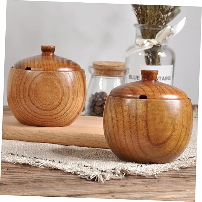 Zerodeko Solid Wood Seasoning Jar with Spoon Wooden Spice Jar with Lid Kitchen Condiment Holder for Table Ceramic Food Container for Salt Truffle and Spices