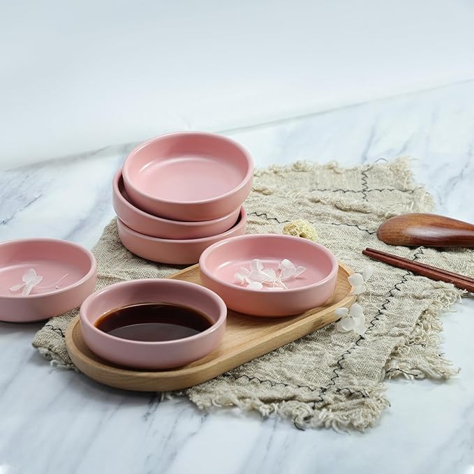 Colias Wing 3.5 Inch Simple Style Single Color Pattern Stylish Design Multipurpose Porcelain Side Dish Bowl Seasoning Dishes Soy Dipping Sauce Dishes-Set of 6-Pink