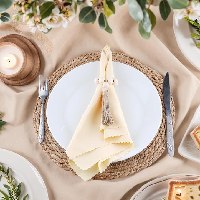 Boho Woven Placemats Set of 6 with Wooden Napkin Rings, 13" Natural Water Hyacinth Rattan Wicker Table Mats Charger Plates for Christmas Decorations, Thanksgiving, Rustic Dining & Home Decor