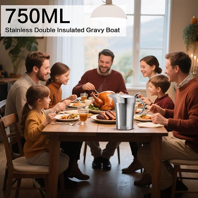 Gravy Boat Stainless Steel Double Insulated Sauce Jug with Hinged Lid, Perfect for Serving Jars of Gravy or Cream for Thanksgiving, Halloween, Christmas (750ML-25oz -Sliver）
