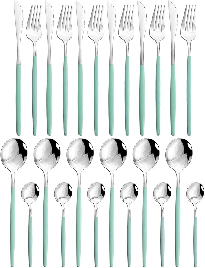 JASHII 24 Piece Titanium Mint Green Plated Stainless Steel Flatware Set, Utensils Set, Cutlery Set Service for 6 (Mint Green Handle, Shiny Silver)