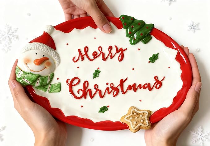 White Oval Xmas Snacks Appetizer Trays Sets, Christmasman Dessert Porcelain Serving Dishes, Snack Platter, Food Cereal Salad Bowl, Christmas Santa Claus High Relief Ceramic Plate - White