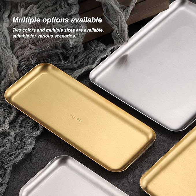 3 Pcs Small Serving Tray, Stainless Steel Coffee Table Tray, Wire Drawing Process, Beautiful and Understated, Waterproof and Durable(Gold,20x30CM/8x12IN)