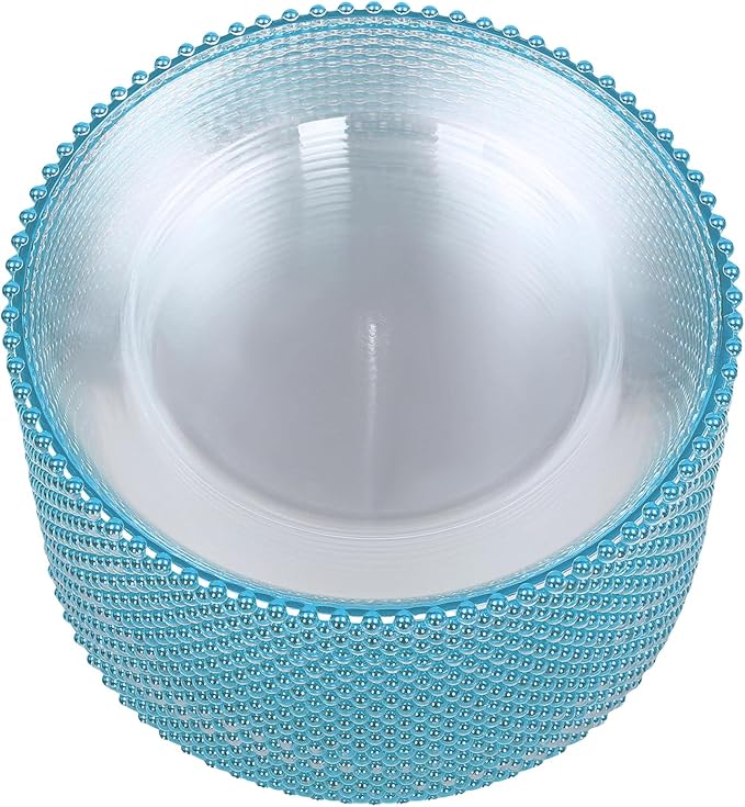 25 Pack Blue Charger Plates – Elegant Round Decorative Plates with Beaded Edge – Clear & Gold Hot-Stamped PS Platters for Weddings, Parties, Banquets – Stackable, Reusable
