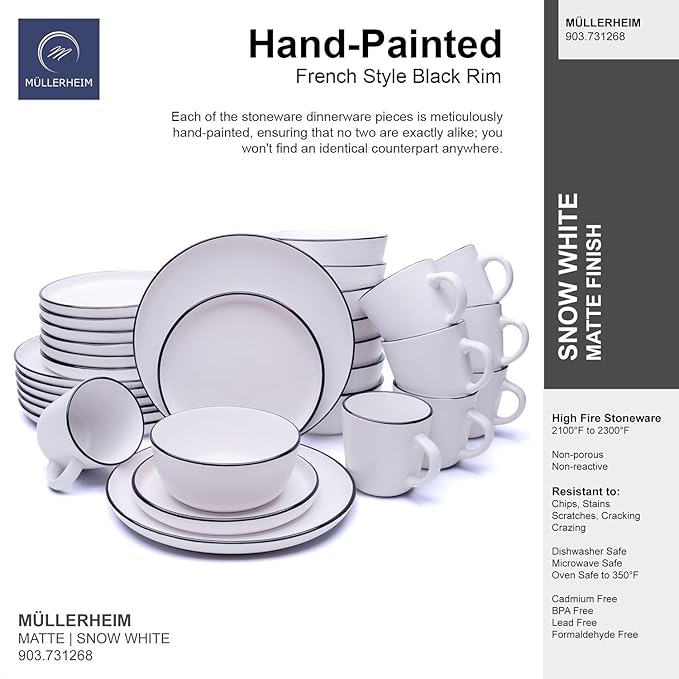 MÜLLERHEIM 903 Minimalist Collection 32-Piece Contemporary Ceramic Stoneware Dinnerware Sets for 8, Matte Frost White Plates and Bowls sets, Dinner Plates Set, Salad Dish Set, Bowls, Cup