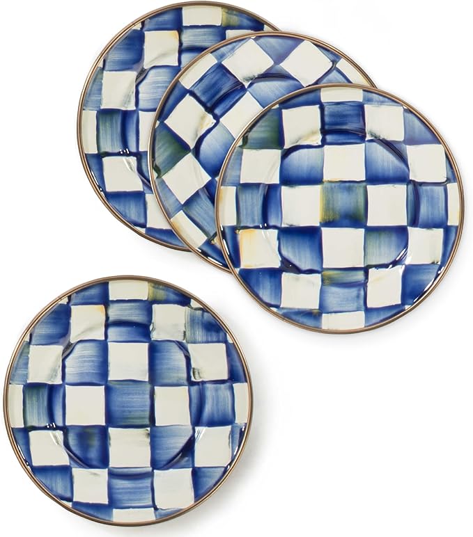 MACKENZIE-CHILDS Set of 4 Enamel Appetizer Plates, Mini Dessert Plates, 5 Inches, Blue-and-White Royal Check