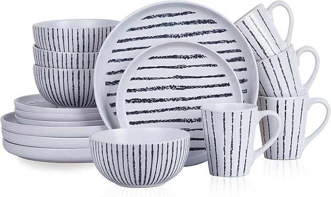 Stone Lain Nova Modern Stoneware Dinnerware Set, Plates and Bowls Set, 16-Piece Dish Set Service for 4, Black