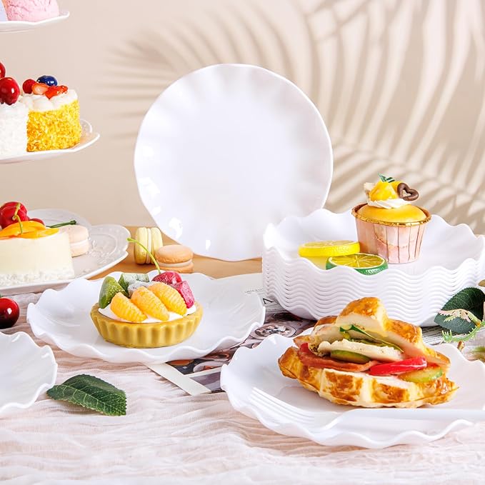 LIYH 20 Pcs 7.5 Inch White Dessert Scalloped Plastic Plates Reusable - Unbreakable Plastic Cake Plates for Weddings Party Outdoor Picnics Dishwasher Safe BPA Free Valentine's & Mother's Day