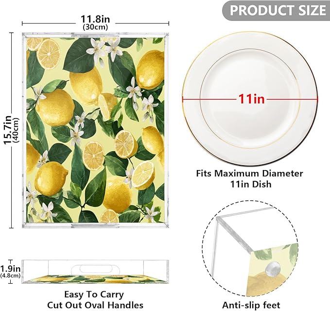 Serving Tray with Handles Clear Acrylic Tray 12x16 Inch Decorative Rectangular Tray Organizer for Ottoman Coffee Table Bathroom Yellow Vibrant Lemons Floral