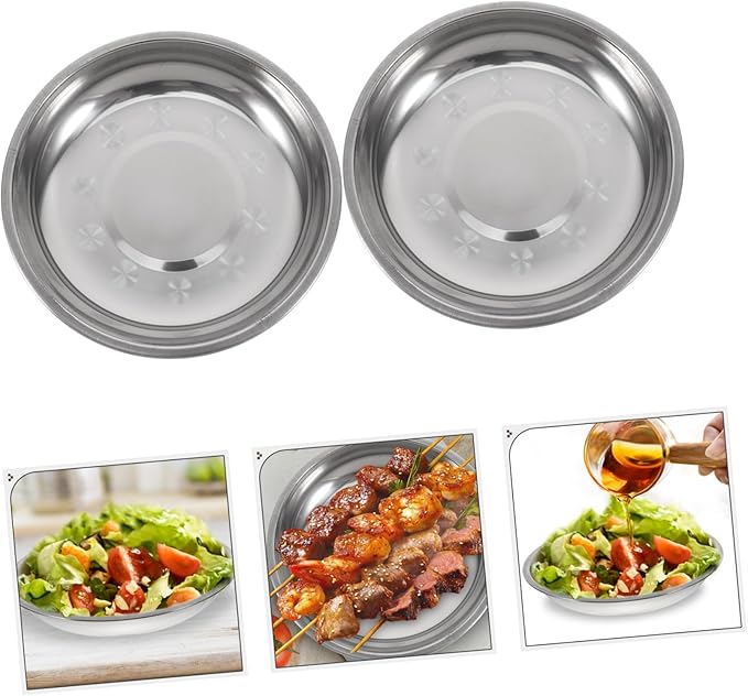 PRETYZOOM 6pcs Stainless Steel Round Plates Deep Serving Trays for Fruit Pasta Bbq Silver Dinnerware for Home Camping and Parties