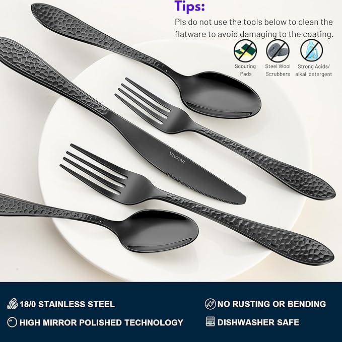 VIVANI 40-Piece Black Silverware Set for 8, Stainless Steel Black Flatware Set, Hammered Utensils Cutlery Set for Home, Wedding, Housewarming Party Event, Dishwasher Safe