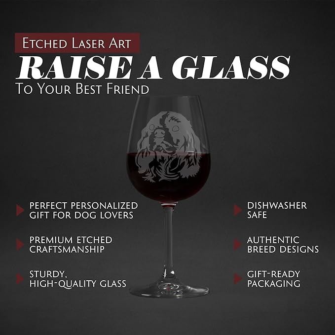 Etched Laser Art Cavalier King Charles Spaniel Personalized Dog Themed Etched 12.75oz Wine Glass Custom Dog Breed Wine Glasses for Pet Lovers, Personalized Birthday Gift for Men & Women