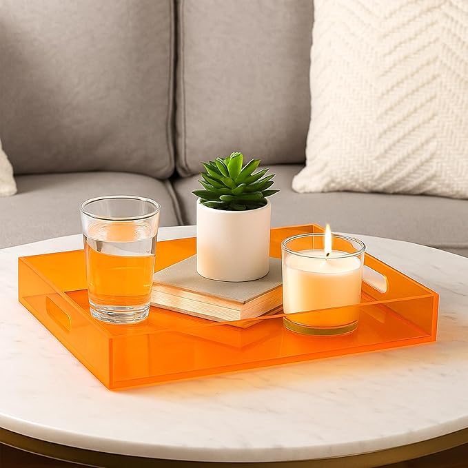 Set of 2 Large Acrylic Tray 16''x12'' Neon Blue Orange Ottoman Coffee Table Tray with Handles Maximalist Decorative Serving Platter for Food Tea Dinner Snack Eating Bar Party