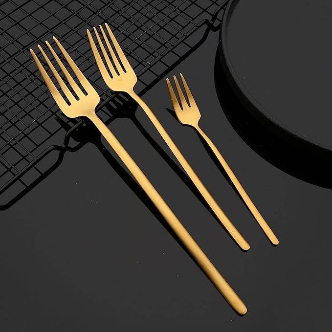 JASHII Modern Design 304 Stainless Steel 5.3" Tea Fork Set,3 prong Small Cake Fruit Forks and 5.4" Coffee Spoons Frosted Handle for Coffee Ice Cream Sugar Parties Events Wedding - Gold