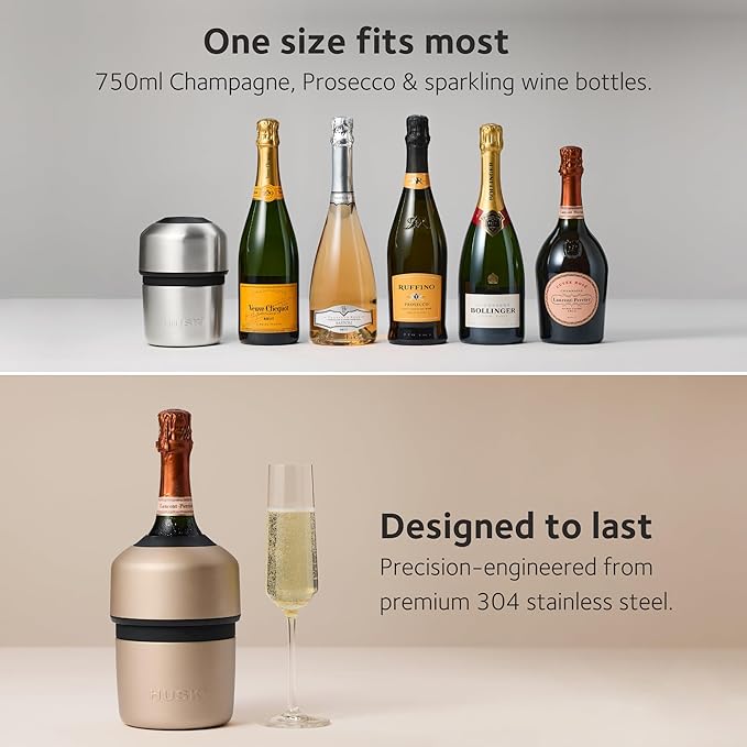 Huski Champagne Chiller | NEW | Award-Winning Iceless Design with Detachable Bottle Stopper | Keeps Wine Cold up to 6 Hours | Fits most 750ml Champagne, Prosecco & Sparkling Wine Bottles (Black)